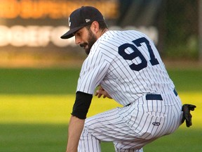 London Majors second baseman Cody Mombourquette makes a backhanded catch on a groundball for the out in their game against the Burlington Bandits in London, Ont. on Tuesday. Mike Hensen/The London Free Press/Postmedia Network