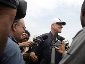 Houston Texans owner Bob McNair speaks with members of the media during a joint NFL football training camp with the Washington Redskins in Richmond, Va., Friday, Aug. 7, 2015. (AP/Jason Hirschfeld)