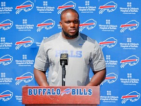 Buffalo Bills' IK Enemkpali, released this week by the New York Jets, speaks to the media at NFL football training camp, Thursday, Aug. 13, 2015, in Pittsford, N.Y. (AP Photo/Mike Groll)