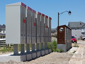 A brace of Canada Post super-boxes on Powell Road in the west end of Brantford, Ont. are pictured in this June 24, 2015 file photo. (Brian Thompson/Postmedia Network)