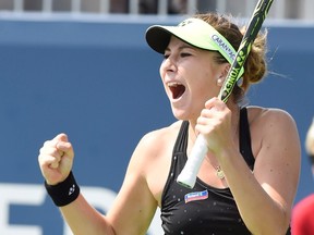 Belinda Bencic celebrates her win over Sabine Lisicki during round of 16 action at the Rogers Cup in Toronto on Thursday, Aug. 13, 2015. (Frank Gunn/THE CANADIAN PRESS)