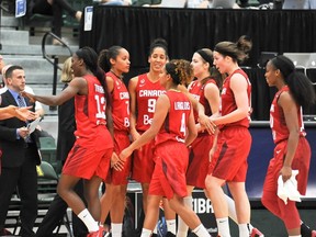 Team Canada players celebrate their win over Cuba curing the FIBA Americas Women's Championship Thursday at the Saville Community Sports Centre. (A.J. Lawrence, FIBA America)