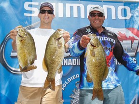 Anglers Matt Fuller from Milton, Ont, left, and his draw partner Fab Marchese from Hamilton, Ont. weighted in with 19.45 lbs on day-one of the three day Kingston Canadian Open of Fishing on Lake Ontario near Kingston, Ont. on Thursday August 13, 2015. The annual tournament is held in support of the Kingston Military Family Resource Centre. Julia McKay/The Kingston Whig-Standard/Postmedia Network