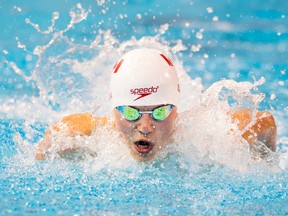 Zach Zona, of Canada, competes on his way to winning the bronze medal in the men's 200m IM SM8 final at the Parapan Am Games in Toronto on Tuesday, August 11, 2015.  (Darren Calabrese THE CANADIAN PRESS)