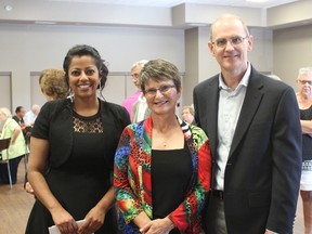 A meet and greet reception was held last Wednesday to say goodbye to Dr. Keith Hay and to welcome Dr. Irram Sumar at the Central Huron Community Complex. Pictured here, from left, Dr. Irram Sumar, Susan Hay and Dr. Keith Hay. (Laura Broadley Clinton News Record)