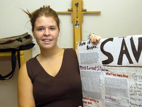 In this May 30, 2013, photo, Kayla Mueller is shown after speaking to a group in Prescott, Ariz. The parents of the late American hostage Kayla Mueller say they were told by American officials that their daughter was repeatedly forced to have sex with Abu Bakr Baghdadi, the leader of the Islamic State group. (AP Photo/The Daily Courier, Jo. L. Keener )