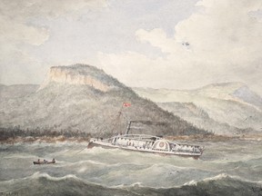 This painting depicts the Ploughboy off Lonely Island in Georgian Bay with its yall launched and on its way to seek help.