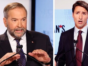 New Democratic Party leader Thomas Mulcair (L) and Liberal leader Justin Trudeau are pictured in this combination photograph during the Maclean's National Leaders debate in Toronto, August 6, 2015. REUTERS/Mark Blinch