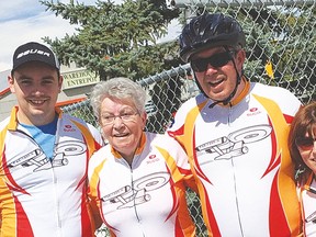 From left: Jordan Magnuson, Lyle’s son, Norma Magnuson, Lyle’s mother, Lyle Magnuson, Mandy Magnuson, Lyle’s wife, and Charntelle Koch at the ride’s finish line, Canada Olympic Park in Calgary. Lyle’s father, Harold Magnuson, and Charntelle’s husband, Frank, were also waiting for Lyle at the finish line. Lyle had jerseys custom made for the ride this year with the starship on the front and the Vulcan salute on the back alongside the slogan ‘Live long and prosper in the fight against cancer’. Lyle donated the jerseys to his cousin’s family as a show of support.