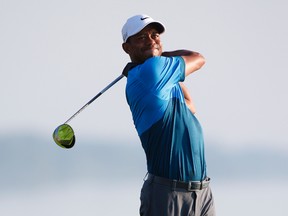 Tiger Woods hits his tee shot on the 16th hole during the continuation of the second round of the PGA Championship Saturday at Whistling Straits. (Brian Spurlock/USA TODAY Sports)
