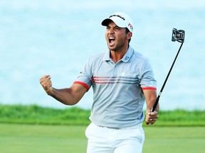 Jason Day of Australia reacts to a birdie on the 17th green during the third round of the 2015 PGA Championship at Whistling Straits at on August 15, 2015 in Sheboygan, Wisconsin. (Andrew Redington/Getty Images/AFP)
