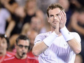 Andy Murray of Great Britain celebrates his victory over Kei Nishikori of Japan during day six of the Rogers Cup at Uniprix Stadium on August 15, 2015 in Montreal, Quebec, Canada. Andy Murray defeated Kei Nishikori 6-3, 6-0. (Minas Panagiotakis/Getty Images/AFP)