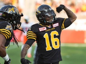 Hamilton Tiger-Cats' Brandon Banks celebrates a touchdown against the B.C. Lions on Aug. 15. (The Canadian Press)