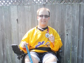 Goderich teen Johnathon Hakkers recently participated in the Canadian Electronic Wheelchair Hockey Association’s national championship in Toronto. He was part of the London Electric Knights team which took home bronze. Hakkers was one of 50 players from across Canada to participate in the tournament. (Dave Flaherty/Goderich Signal Star)