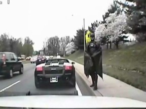 Batman is pulled over by police in Montgomery County, Maryland on March 21, 2012, as pictured in this handout photo received by Reuters March 30, 2012. (REUTERS/ Montgomery County Police Department/Handout)