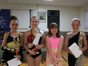 Four winners were chosen for the Rise 2 Fame junior category preliminary in Bayfield last Saturday The junior category was for children ages 6-12. Four winners were chosen to advance to the Western Fair. From left to right, Noelle McLellan (second), Kenidy Wilson (third), Hillary Harkes (fourth) and Olivia Hesse (first). (Laura Broadley/Clinton News Record)