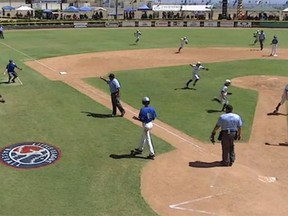 Cascade coach Brendan McCarthy (third base box) reacts as his touchy blunder ends the Little League team's season. (Screen grab)