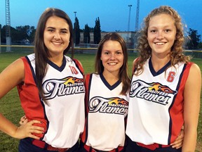Brooklyn MacLean (left), Jordyn Elgie and Avery Wedow are the three Mitchell-and-area teens to play for the Stratford Flames, a Provincial Women’s Softball Association (PWSA) entry that won the Bantam II championship Aug. 7-9. SUBMITTED
