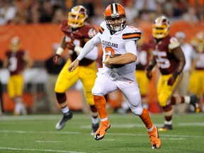 Cleveland Browns quarterback Johnny Manziel runs for a touchdown during the second quarter against the Washington Redskins in a pre-season NFL football game at FirstEnergy Stadium on Aug. 13, 2015. (Ken Blaze/USA TODAY Sports)