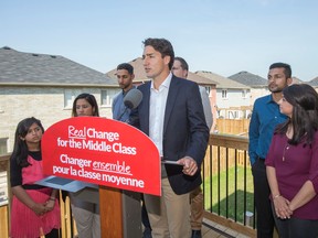 Federal Liberal leader Justin Trudeau addresses the media as he visits a home in Ajax, Ont. on Monday August 17, 2015. Ernest Doroszuk/Toronto Sun/Postmedia Network