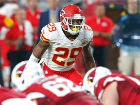 Kansas City Chiefs safety Eric Berry lines up against the Arizona Cardinals during the first half of an NFL preseason football game Saturday, Aug. 15, 2015, in Glendale, Ariz. (AP Photo/Rick Scuteri)
