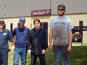 Wallaceburg's 1 Source Design held a contest for their employees and to attract new hires, in what is becoming a competitive job market. Employees who won prizes include, from left to right, Jack Fox, Josh Slaney, Darryl Fralick and Dale Powers.