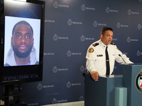 Toronto Police Supt. Shaun Narine updates the media Aug. 18, 2015 on a shooting at the House of Lancaster in December. A Canada-wide warrant was issued for Mohamud Yousef Omar, 24.(NICK WESTOLL/Toronto Sun)