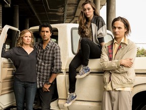 Kim Dickens as Madison, Cliff Curtis as Travis, Alycia Debnam Carey as Alicia and Frank Dillane as Nick - all stars of AMC's Fear The Walking Dead (Frank Ockenfels/AMC)