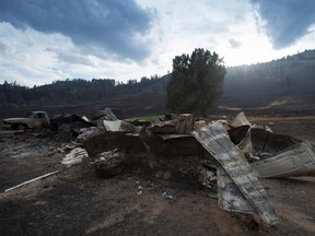 Burnt out property remains in a residential lot along Hwy. 3 in Rock Creek, B.C., on Aug. 16, 2015. (THE CANADIAN PRESS/Jonathan Hayward)