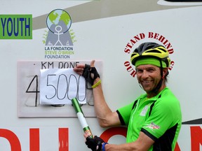SUBMITTED PHOTO
Quebec teacher and former Olympian, Steve O'Brien celebrates completing 5,000 kilometres across Canada. He's making his way across country and to Madoc in September, all with the hopes of empowering and helping Canadian youth.