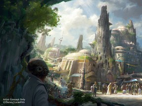 This image provided by Disney parks shows the Star Wars-themed lands will be coming to Disneyland park in Anaheim, Calif., and Disney’s Hollywood Studios in Orlando, Fla., creating Disney’s largest single-themed land expansions ever at 14-acres each, transporting guests to a never-before-seen planet, a remote trading port and one of the last stops before wild space where Star Wars characters and their stories come to life. (Disney Parks via AP)