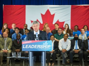 Canadian Prime Minister Stephen Harper speaks during an event at the  International Plaza Hotel in Toronto, Ont. on Tuesday August 18, 2015. Harper said, if re-elected, he would make it a priority to pass "life means life" legislation for prison for certain crimes.  Ernest Doroszuk/Toronto Sun/Postmedia Network