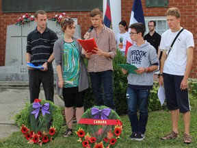 Members of the Westlake Brothers’ Souvenir Association stopped by the Royal Canadian Legion in Sarnia on Tuesday to hold a ceremony in remembrance of soldiers from the city who died on Juno Beach in 1944. The organization is dedicated to showing young people from the Normandy region of France the importance of and duty they have in remembering Canadian soldiers who fought for French liberation from Nazi occupation. (Chris O’Gorman/ Sarnia Observer)