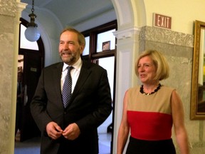 Premier Rachel Notley and Federal NDP leader Thomas Mulcair talk to the media after meeting at the Alberta Legislature in Edmonton, Alta., on Saturday June 6, 2015. Catherine Griwkowsky/Edmonton Sun/Postmedia