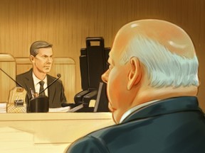 Nigel Wright, right, former Chief of Staff to Prime Minister Stephen Harper, testifies at the Mike Duffy trial as Duffy looks on in Ottawa, on Tuesday, August 18, 2015 in this artist's sketch. THE CANADIAN PRESS/Greg Banning