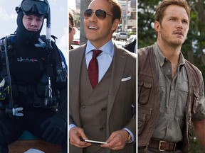 From left to right: Mark Wahlberg in Ted 2; Jeremy Piven in the Entourage movie; and Chris Pratt in Jurassic World. (Handout photos)