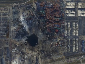 An aerial picture of the site of explosions at the Binhai new district, Tianjin, China, August 16, 2015. (REUTERS/Stringer)