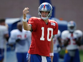 New York Giants quarterback Eli Manning gestures during a practice at NFL football training camp in East Rutherford, N.J., Aug. 2, 2015. (AP Photo/Seth Wenig)