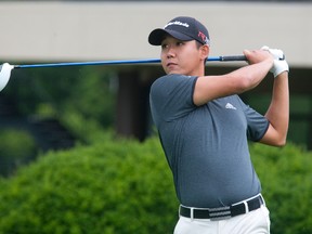 PGA Canada Tour golfer Albin Choi hits off the first tee at Highland Golf and Country Club in London, Ont. on Friday August 14, 2015 at a press conference announcing the 3rd Annual Freedom 55 Financial Championship will be held there September 14-20. Derek Ruttan/Postmedia Network