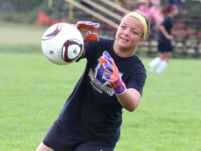 Laurentian Voyageurs women's soocer team goalkeeper Richele Greenwood runs through a drill during practice on Tuesday.