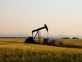 An oil pump jack pumps oil in a field near Calgary, Alberta, in this July 21, 2014 handout. With a sinking oil price driving Canadian energy shares to decade lows, activist hedge funds are pushing hard for companies to look at mergers and acquisitions or asset sales to curb costs and help the funds reduce their own investment losses.    REUTERS/Todd Korol