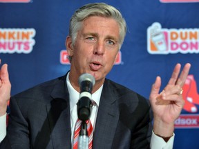 Dave Dombrowski, the Boston Red Sox new team president, speaks to reporters after being introduced at a Fenway Park news conference in Boston on Aug. 19, 2015. (AP Photo/Josh Reynolds)