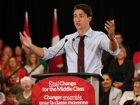 Liberal leader Justin Trudeau speaks to supporters during a campaign stop in Winnipeg Wednesday, August 19, 2015. Trudeau made a campaign promise to allow federally regulated workers a more flexible work schedule. THE CANADIAN PRESS/John Woods
