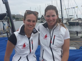 Skipper Erin Rafuse of Halifax, left, and crew Danielle Boyd of Kingston won the 49erFX title at the Canadian Olympic Classes regatta in Kingston on Wednesday. (Doug Graham/The Whig-Standard)