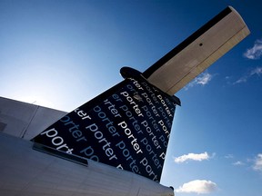 The tail of a Porter Airlines Bombardier Q400 turboprop aircraft is seen in Toronto, in this Feb. 23, 2009 file photo. REUTERS/Mark Blinch/Files
