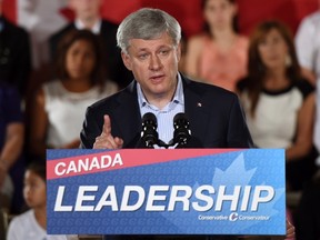 Conservative leader Stephen Harper makes a campaign stop in Newmarket, Ont., on Aug. 20, 2015. (THE CANADIAN PRESS/Sean Kilpatrick)