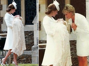 An American woman Photoshopped an image of the late Princess Diana into a photo alongside the Duchess of Cambridge holding Princess Charlotte at her christening. (Chris Jackson/Pool Photo via AP & Facebook)