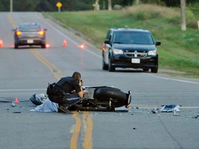 Two people were killed in a collision between a motorcycle and pickup truck at the intersection of Teeterville Road and Brantford Road. The man killed was riding a motorcycle. A passenger in the pickup truck was also killed.(DAVID RITCHIE photo)