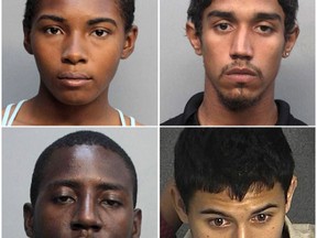 (Clockwise from top left) Desiray Strickland,  Kaheem Arbelo, Christian Colon and Jonathan Lucas are pictured in these undated Miami Police handout photos. The four Florida students are charged with hacking 17-year-old Jose Amaya Guardado to death. (Handout/Postmedia Network)
