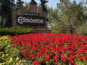 The Edmonton Welcome sign alongside Baseline Road/101 Avenue on the east side of the city, which includes the city slogan "City of Champions"  in Edmonton, Alta., on Friday, Sept. 13, 2013. Ian Kucerak/Edmonton Sun